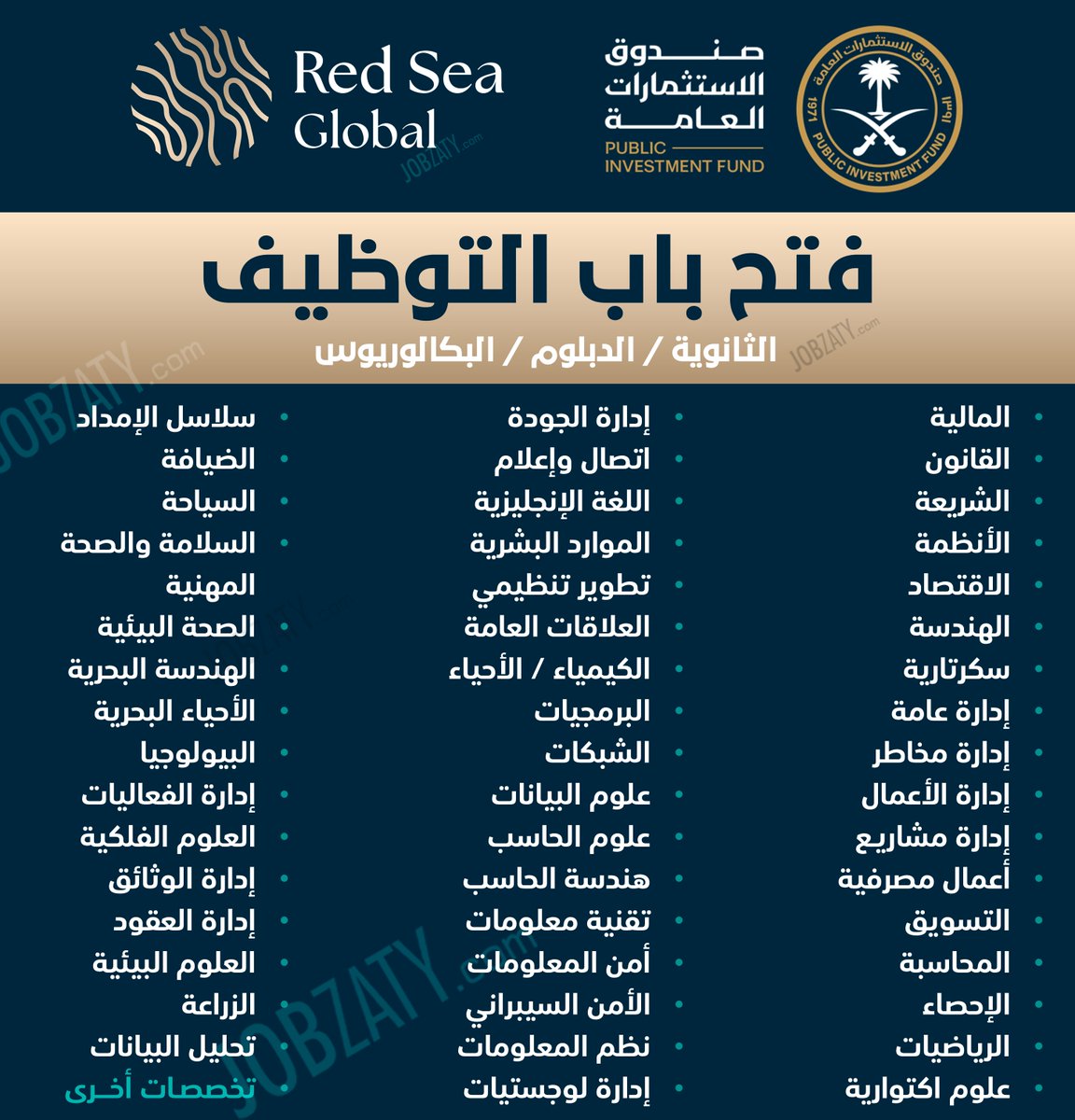 (للثانوي فأعلى) توظيف جديد عاجل في مشروع حكومي (مملوك لصندوق الاستثمارات) لكافة التخصصات:

▪️ رواتب وحوافز وعلاوات مجزية.
▪️ تأمين طبي VIP (شامل الوالدين).
▪️ بدلات (نقل / سكن / تعليم الأبناء) ومزايا أخرى منافسة.

🔗 للتقديم (jobzaty.com/j/32748)

ـــــــ
📌 خدماتنا:
✍️ سيرة