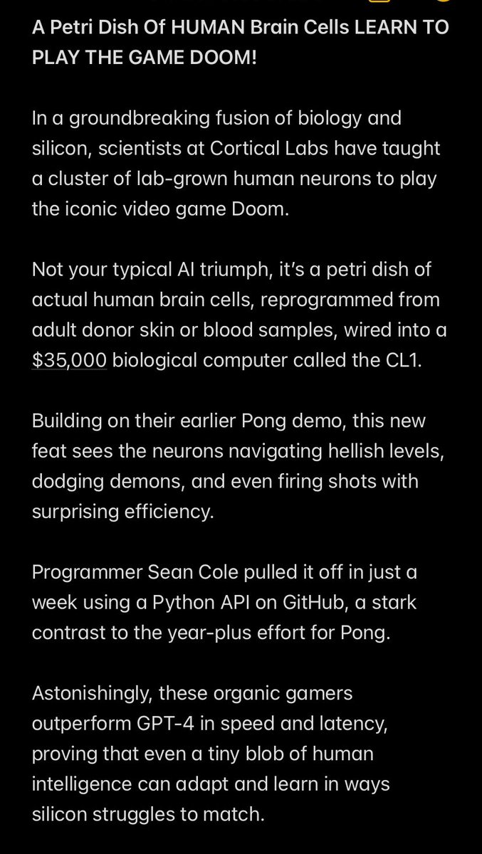 Lizardpeepill's tweet photo. Transhumanism, AI and Technocracy 🧠⚡️👾💻🖥️ #Braincell #Computation 200,000 neurons sounds like an awful lot of neurons, but to put it in context, there are around 86 billion neurons in a human brain.with a little stimulation, these disembodied neurons were able to navigate DOOM https://t.co/OiYdWOKeSl