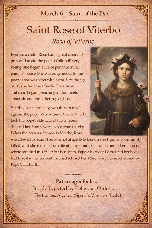 Walkwithsaints's tweet image. Saint Rose is a reminder to all of us, especially young people and laypersons, that you don’t need a cloister to be a saint. She shows us that holiness is found in everyday public life. 

Saint Rose of Viterbo, pray for us.
#CatholicX #CatholicAnswers #CatholicX #Lent2026 #lent