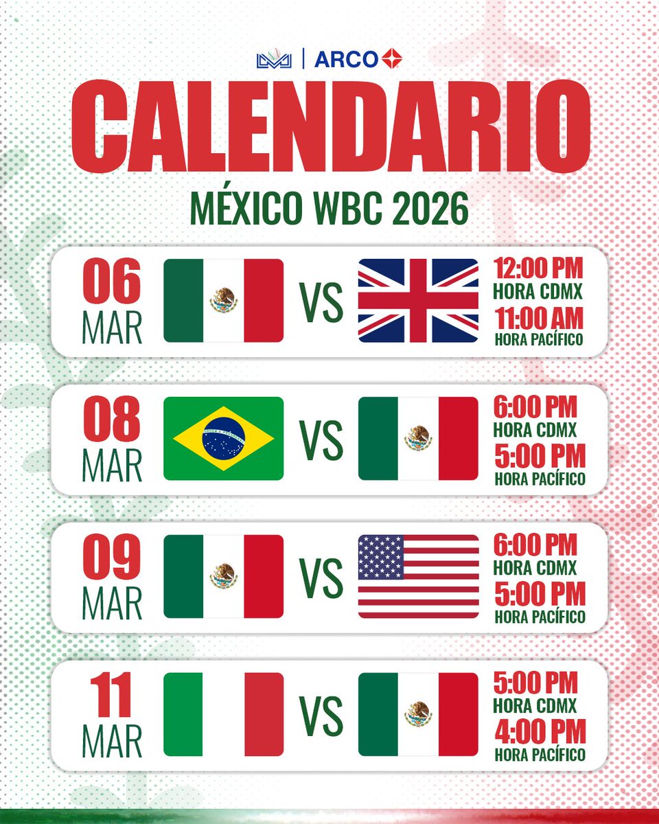 Tengan sus agendas a la mano✍️🏼

Estos son los juegos de México en el Clásico Mundial de Béisbol 2026😎

¡Vamos con todo!🤩

#LigaARCO ⚾️
#OrgulloTricolor 🇲🇽