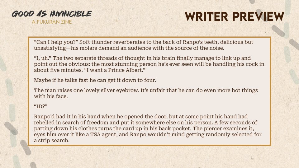 NovaaltxX's tweet photo. Here's a preview of my piece for the @fukuranzine, Good as Invincible! Ranpo wants a rather intimate piercing, and Fukuzawa's real good with sharp objects 😉 (Mostly Ranfuku but rare occasion when I implied they switch, so Fukuran too!) https://t.co/oltqTN4ExW