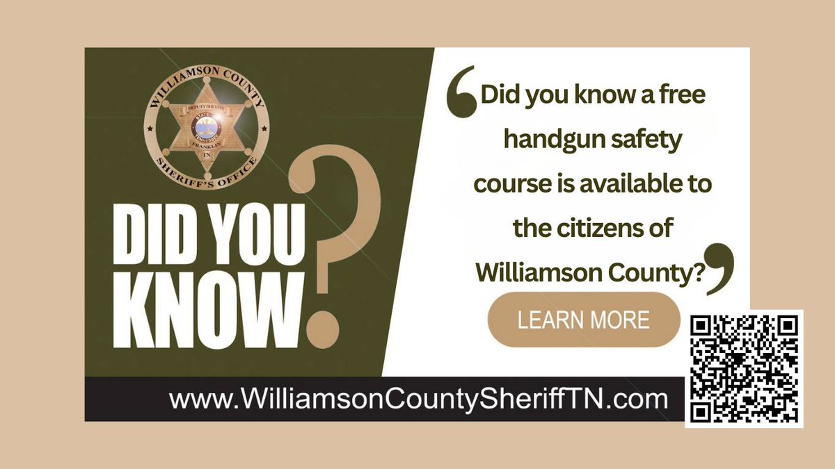 WCSO_Sheriff's tweet photo. Did you know a free handgun safety course is available to the citizens of Williamson County? Hurry! The next class is in May, and spots will go fast!
#WCSOTN
Sign up today using the QR Code below or visit our website at https://t.co/81pjWUdqkZ. Click the "Handgun Safety Course" link located under the "Services" tab.