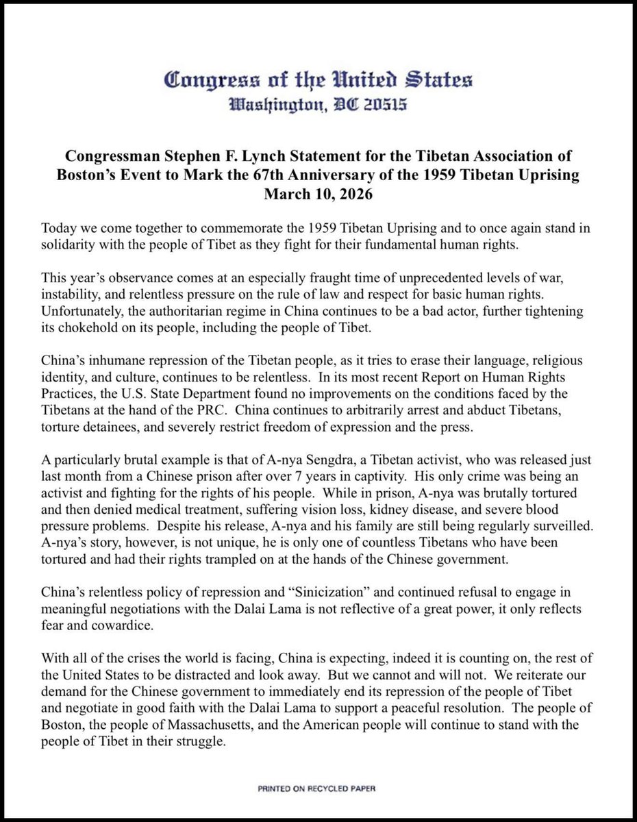This just in from Congressman Stephen Lynch in support of Tibet for the upcoming March 10th Annual Commemoration.

TIBET WILL BE FREE!