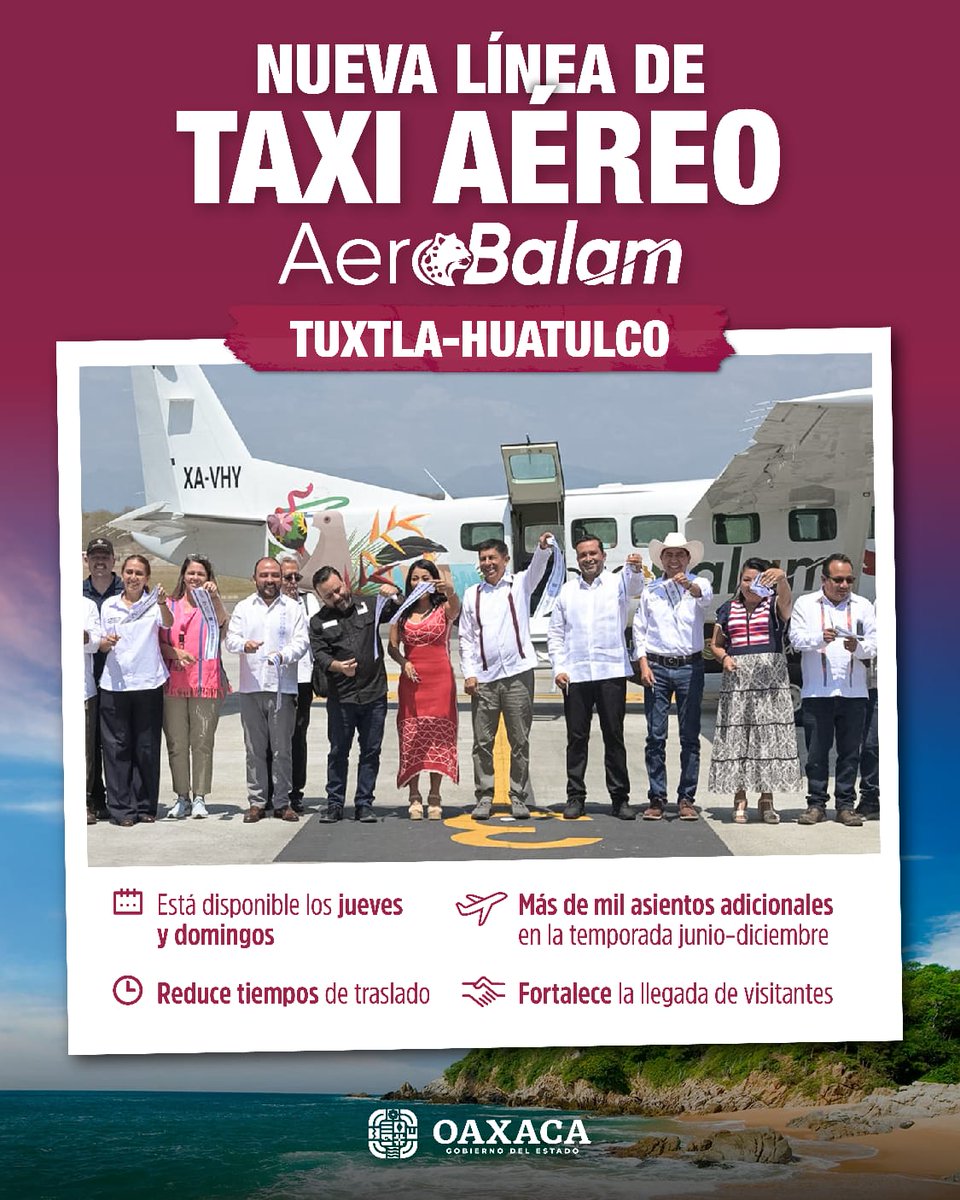 El Gobernador <a href="/salomonj/">Salomón Jara Cruz</a> encabezó el arranque de la nueva línea de taxi aéreo #AeroBalam, conectando a #Tuxtla con #Huatulco. ✈️🌊

​Con vuelos disponibles jueves y domingos, reducimos tiempos de traslado y fortalecemos la llegada de visitantes a la #Costa oaxaqueña. ¡Más de mil