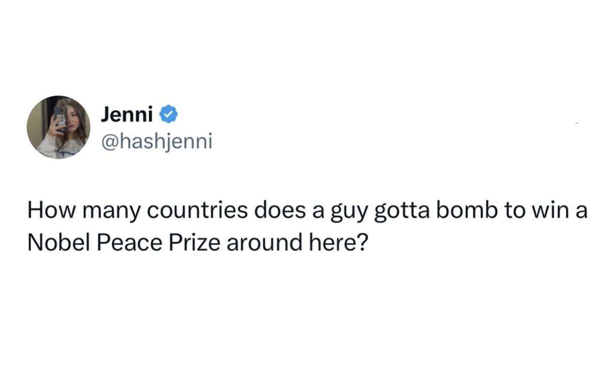 3arabiSouri's tweet photo. 'How many countries does a guy gotta bomb to win a Nobel Peace Prize around here?'
By @hashjenni
#Obama #Trump #ShimonPeres #NobelPeacePrize #sham #farce #WarCrimes #Genocide #Bombing #Terrorism #Zionism #Gaza #Syria #Libya #Iran #Lebanon #Yemen #Somalia #Sudan #Nigeria.... https://t.co/A9oggegRyf