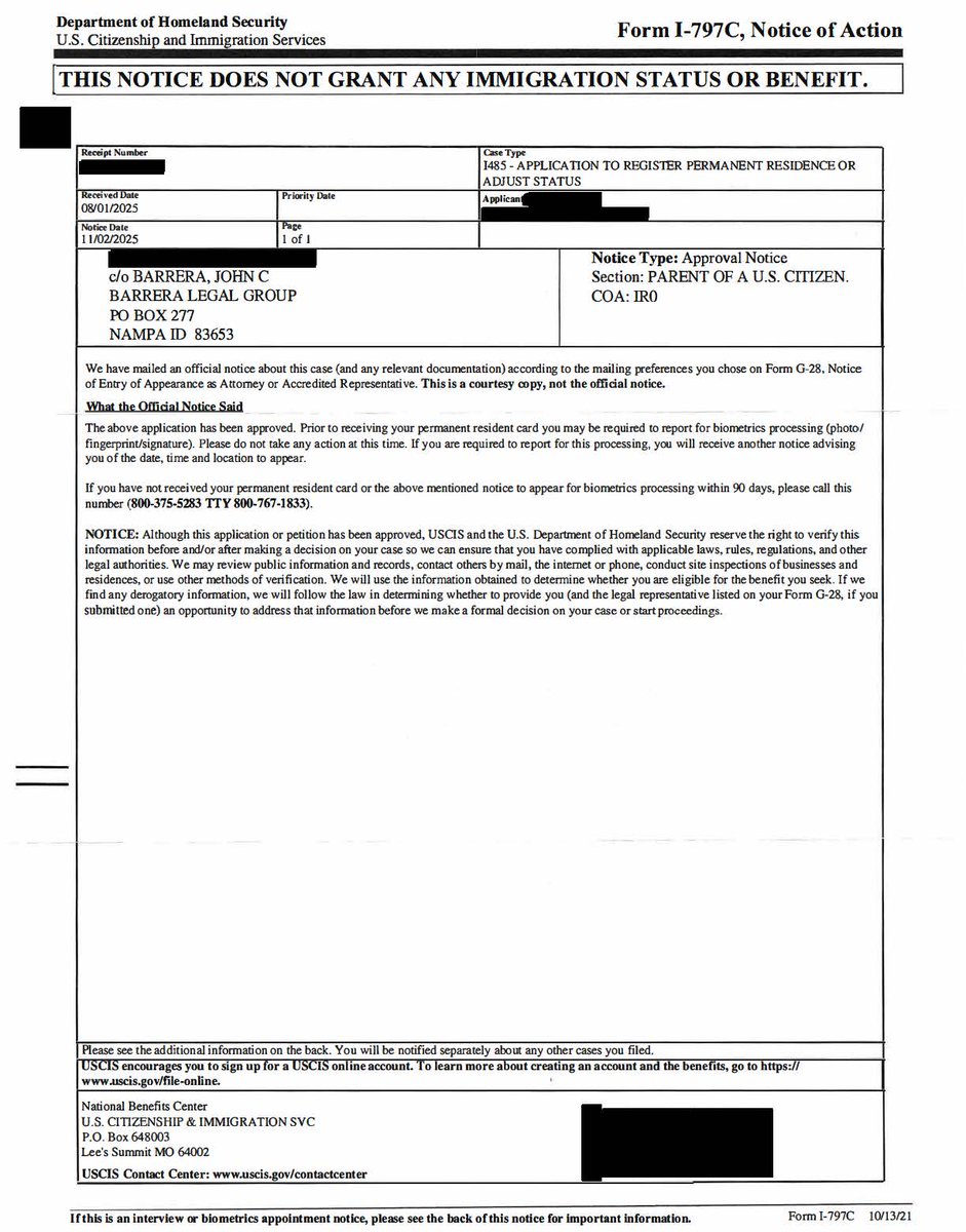 BarreraLegal's tweet photo. Green Card Approved ✔

I-485 Adjustment of Status approved under Parent of a U.S. Citizen.

Serving immigration clients in:

NY – Long Island, Nassau, Suffolk, Brooklyn, Queens, Manhattan, Bronx, Staten Island
ID – Boise, Nampa, Meridian, Caldwell, Twin Falls, Jerome, Idaho Falls
Nationwide representation.
📞 (208) 466-1800 | 665-8760
🌐 https://t.co/uMDeS9HF2X