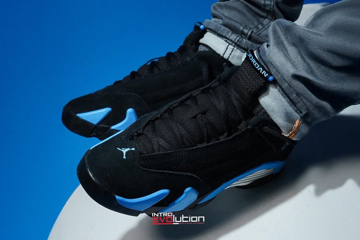 insanesneaker's tweet photo. ON-FOOT LOOK: Air Jordan 14 “Black/University Blue” (2026) 🧊

• March 21st
• $215
• Full-Family sizing https://t.co/zTsHogaAYb