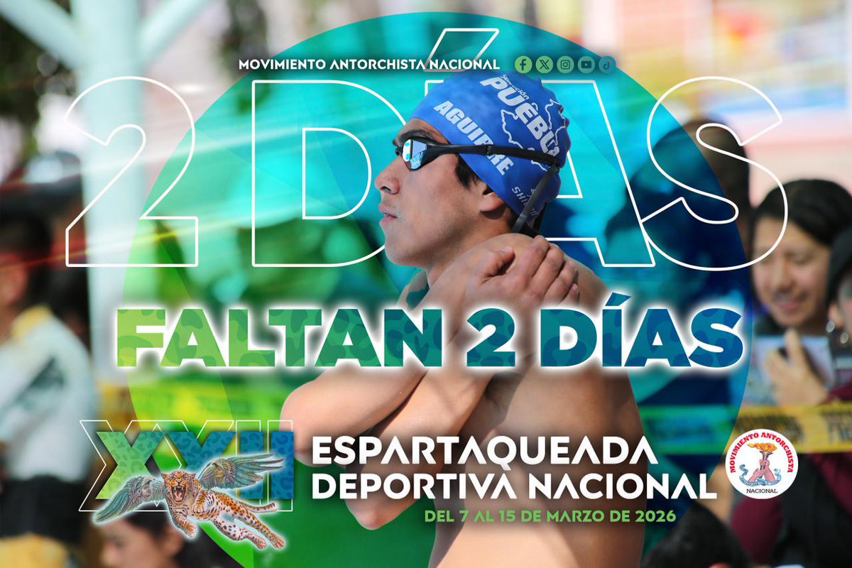 Faltan #2Días para la  Espartaqueada Deportiva, que se llevará a cabo del 7 al 15 de marzo en Tecomatlán, Puebla y que juntará a más de 30 mil deportistas de todo el país. 
 #DeporteParaMéxico