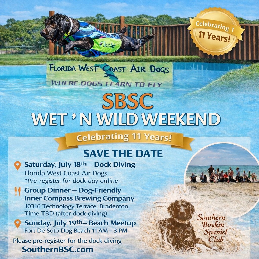 SoBoykinSpaniel's tweet photo. 11th Annual Wet ’N Wild Weekend!  💦 Saturday, July 18 – Dock Diving Florida West Coast Air Dogs (preregister online) 🍻 Saturday Evening Dinner Inner Compass Brewing Company (back deck) 🏖 Sunday, July 19 – Beach Meetup Fort De Soto Dog Beach • 11 - 3pm https://t.co/b3ZIFPkeJA