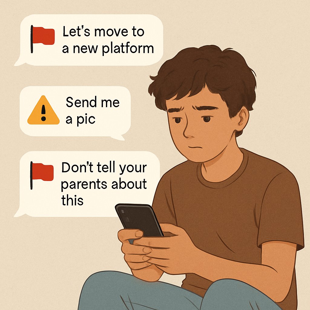 Online relationship red flags to talk about:
 • Requests to switch platforms
 • Pressure to isolate from friends/family
 • Ignoring or pushing boundaries
 • Requests for explicit images 
These don’t always signal danger—but recognizing them builds confidence &amp; safety.