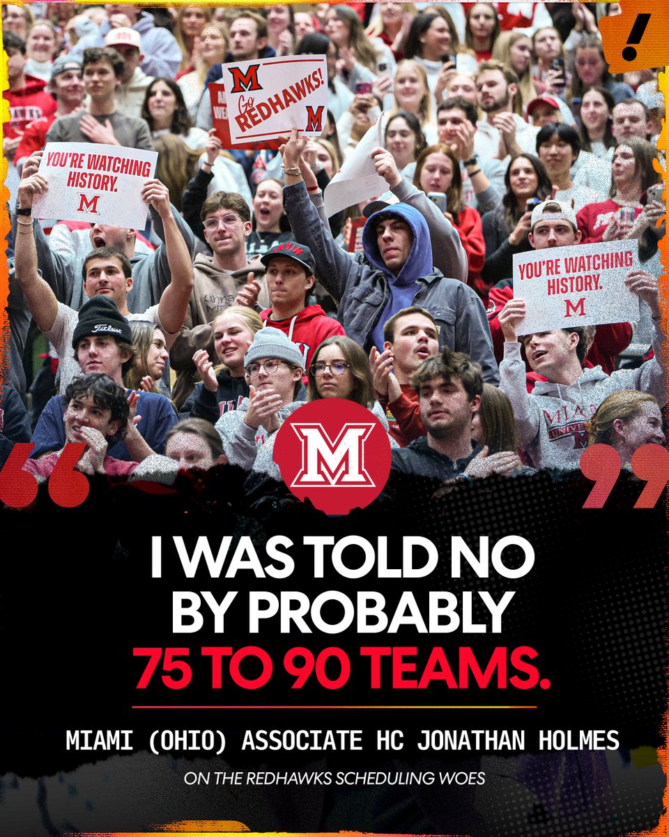YahooSports's tweet image. Miami (Ohio) has been turned away by over 75 teams for scheduling 😳

The RedHawks remain the only undefeated team in Division I men’s basketball.
