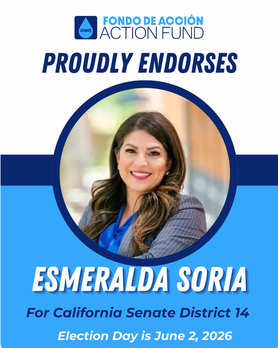 CWCActionFund's tweet photo. CWC Action Fund proudly endorses Esmeralda Soria for California Senate District 14. She is a first-generation and the daughter of farm workers. We believe she will continue to be a water champion in Sacramento. https://t.co/HXiD3zSCEO