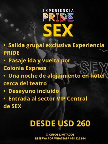 ¡Vamos a ver SEX en Buenos Aires! Entrada al VIP Central de SEX, pasaje ida y vuelta, noche de alojamiento en hotel 4 estrellas cerca del teatro con desayuno incluido Reservá YA tu lugar por mensaje de WhatsApp al 098 326 934
