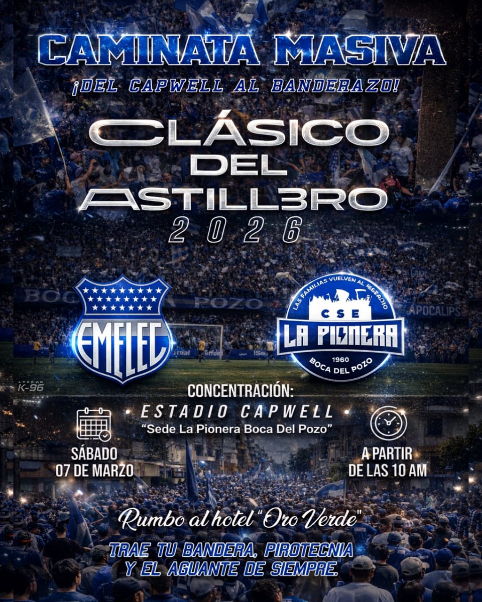 La familia Pionera Boca del pozo convoca a toda su hinchada a ser parte de la Gran Caminata masiva – ¡Del Capwell al banderazo!

📍 Fecha: Sábado 07 de Marzo
🕛 Hora de concentración: 10h00
📌 Lugar: Capwell(Sede Pionera) hacia al Hotel Oro Verde