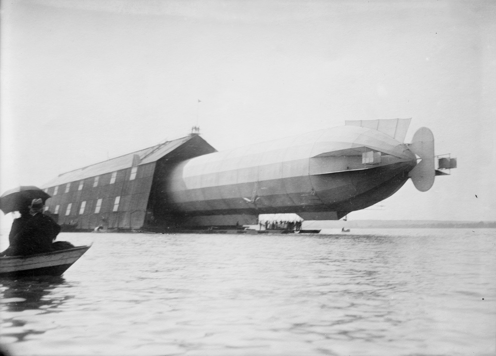 This photograph shows LZ-5 backing out of its floating shed on Lake Constance, just before its first flight. (George Grantham Bain Collection, Library of Congress)

Old World craft.
