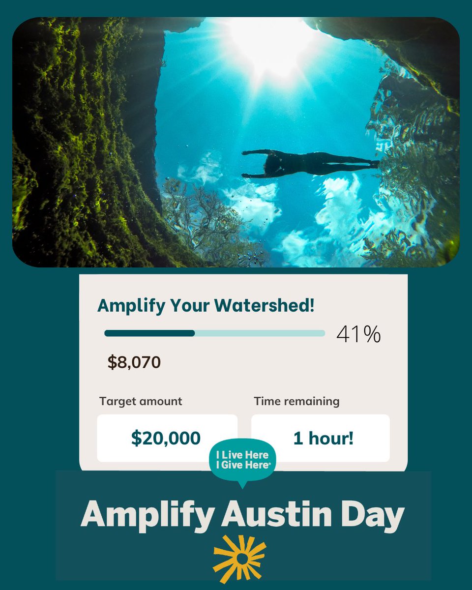 Amplify Austin is in its final hour!

Thanks to our community, we’re already 41% of the way toward our $20,000 goal, and every dollar donated will be matched dollar for dollar by a generous donor.

💧 Give Today // amplifyatx.org/organizations/…
