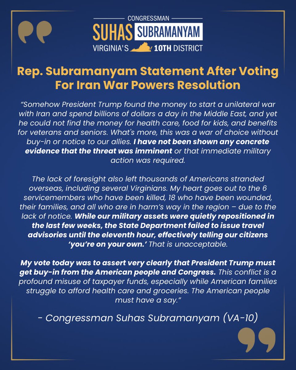 Rep. Suhas Subramanyam (VA-10) tweet media