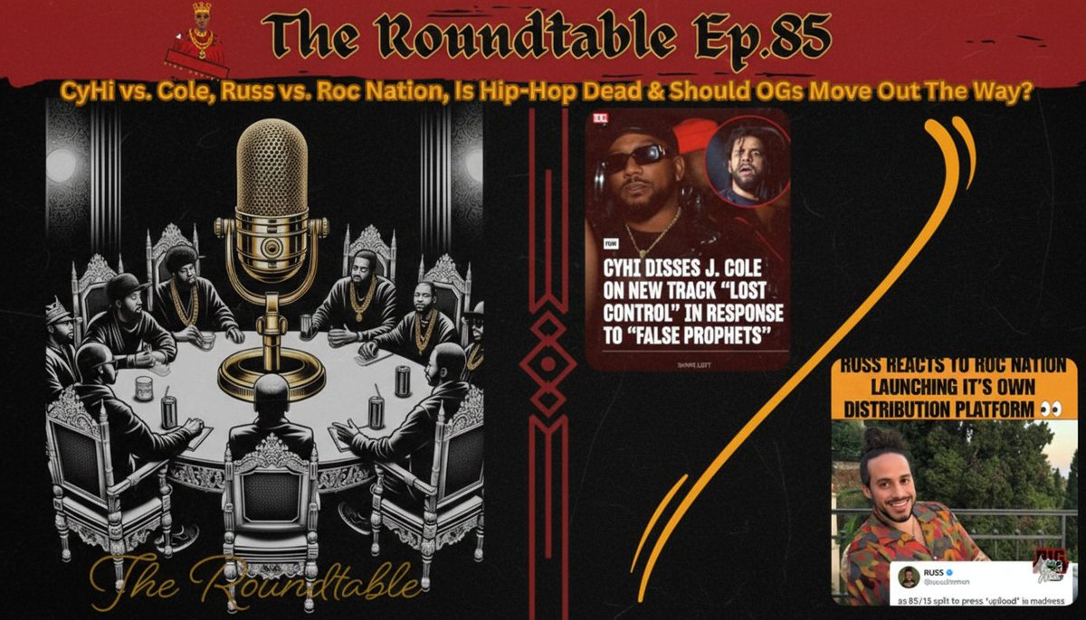 hop_high's tweet photo. 🚨 NEW EPISODE ALERT! 🚨
The crew is BACK for Episode 85 of #TheRoundtable! 🎙️ We’re diving deep into:
⚔️ CyHi vs. J. Cole: Is there a statute of limitations on diss tracks?
📉 Hip-Hop’s Decline: Fact or bad algorithms?
💰 Russ vs. Roc Nation: The distribution fee drama. 👴 The OG Debate: Should veterans move out the way?
Plus: Raphael Saadiq on "Neo-Soul," the $30K Producer Tax, and more!
Live Tonight @ 8:30PM EST! 🔔
Watch/Set Reminder here: https://t.co/ijY4K2W9gt
#HipHopHighSociety #HipHopPodcast #JCole #Russ #RocNation #CyHi #NeoSoul