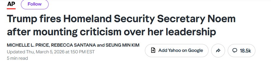 Alladdin1983's tweet image. Kristi Neom Just got fired as the secretary of DHS