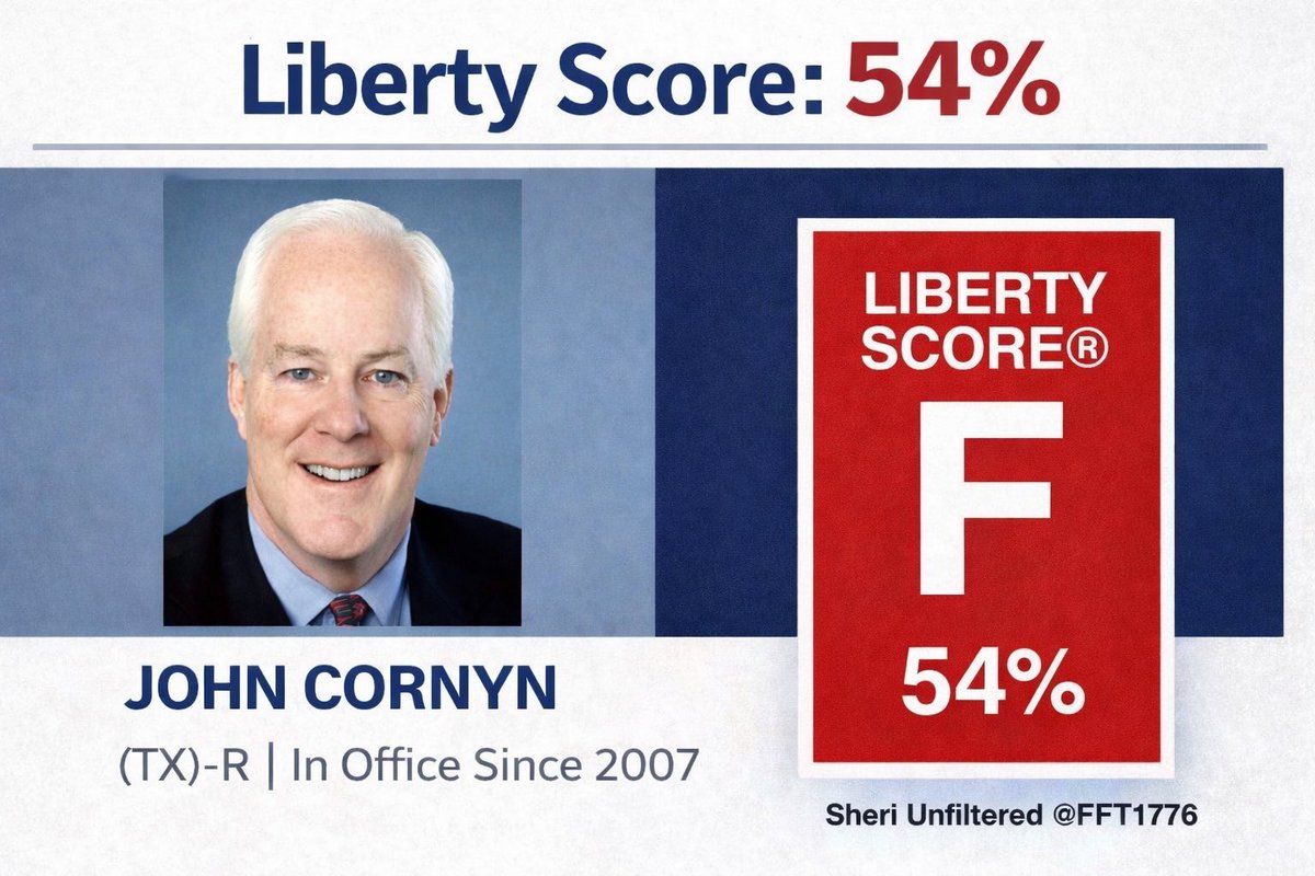 Cornyn is a liar. 

🚨John Cornyn is a Democrat hiding behind a Republican label in order to get elected … and I have the proof!

🚨No one who votes Republican expects an “F” Liberty Score.
That’s all the proof I need!
 <a href="/JohnCornyn/">Senator John Cornyn</a> 

Cornyn is tagged! Be loud 👇🏻