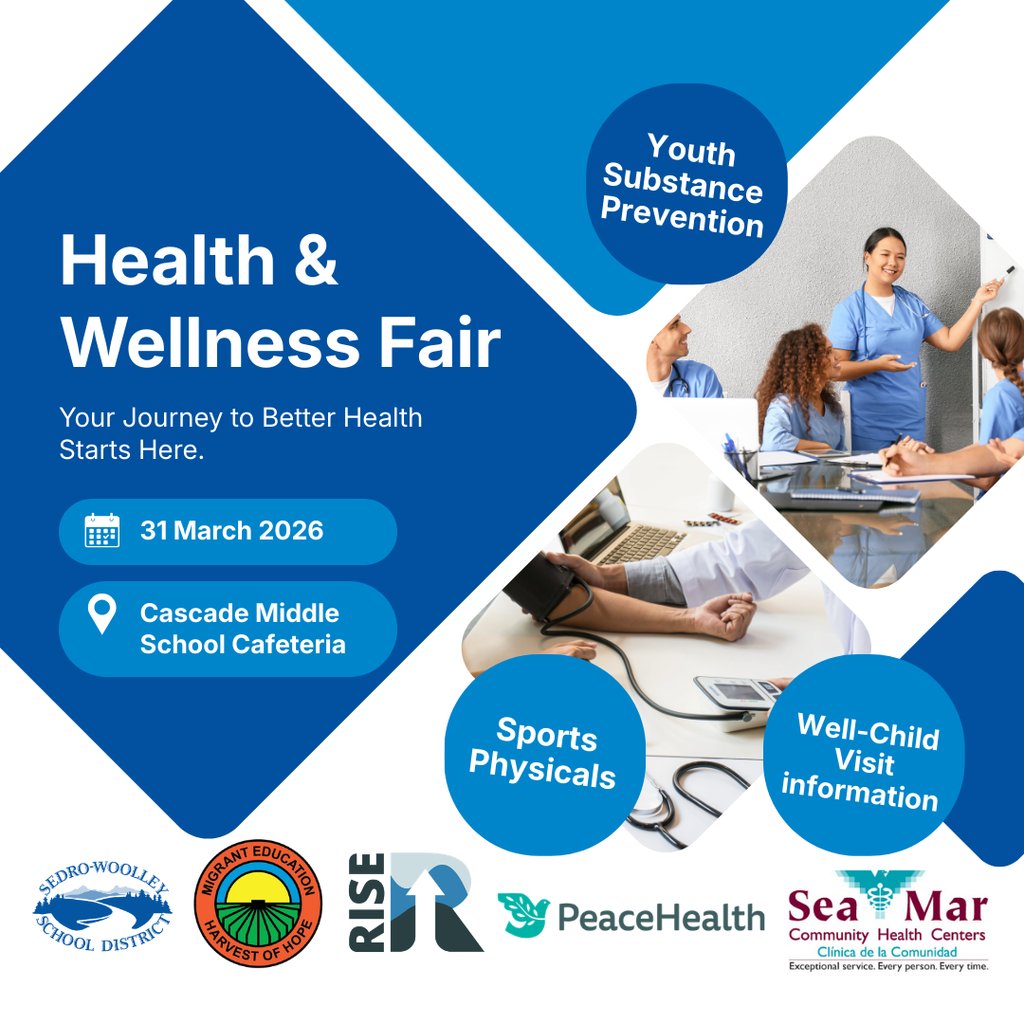 SedroWoolleySD's tweet photo. SWSD families are invited to a Health &amp; Wellness Fair on March 31 at Cascade Middle School.

🩺 Student physicals (5–8 p.m., pre-registration required)
https://t.co/KN0tjfsEdN
🏥 Resource fair (6–7:30 p.m.) https://t.co/UV2rKXZ8HN