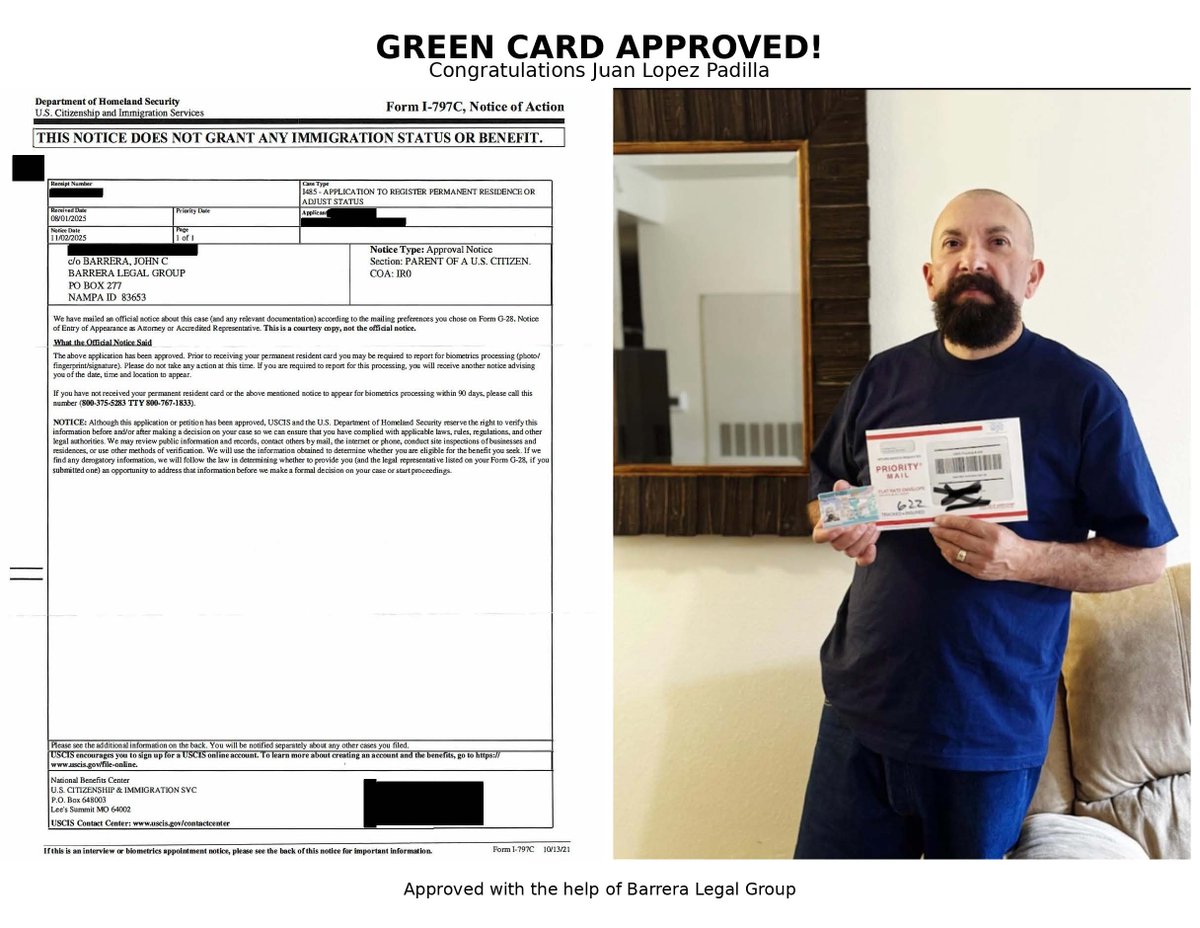 BarreraLegal's tweet photo. 🇺🇸 Green Card Approved!

Congratulations to Juan Lopez Padilla on becoming a U.S. permanent resident.

⭐️⭐️⭐️⭐️⭐️ Client Review:
“Attorney Barrera and his team guided me step by step and helped me achieve a positive result in a short period of time. 100% recommended!”
Need help with a green card or immigration case?

🌐 https://t.co/uMDeS9IcSv

#ImmigrationLawyer #GreenCard #AdjustmentOfStatus

📞 (208) 466-1800 | 665-8760
🌐 https://t.co/uMDeS9IcSv