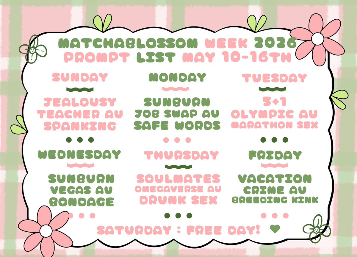 the prompts for matchablossom week 2026 are officially here! the event will take place may 10-16th but we will rt works posted for a while after. make sure to use the hashtag #mbweek2026 when posting! 

#matchablossom #joecherry #sk8 #sk8theinfinity #SK8エスケーエイト
