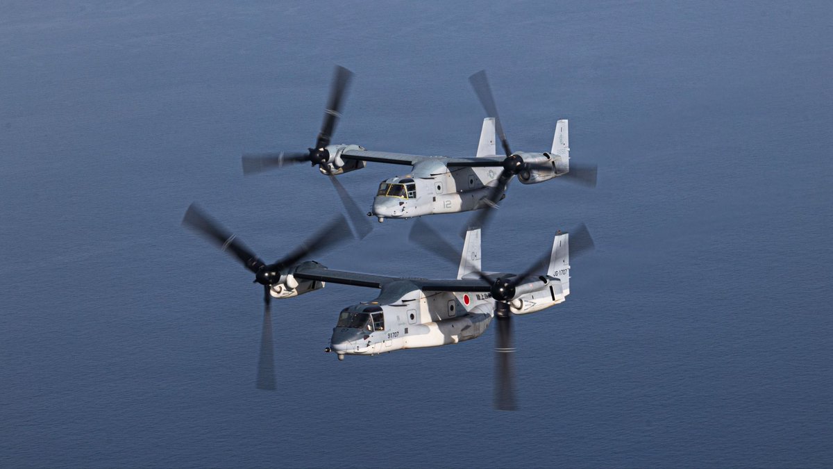 31stMeu's tweet photo. Iron Fist 26 🚁 🇺🇸 🚁 🇯🇵 

A U.S. Marine Corps MV-22B Osprey assigned to Marine Medium Tiltrotor Squadron (VMM) 265 (Rein.) and a Japan V-22 Osprey assigned to 108th Aviation, conduct a bilateral fly over.

📍 : Iwakuni, Japan
📸: Lance Cpl. Raul Sotovilla 
(Feb. 24, 2026) https://t.co/o6LQnlapgP