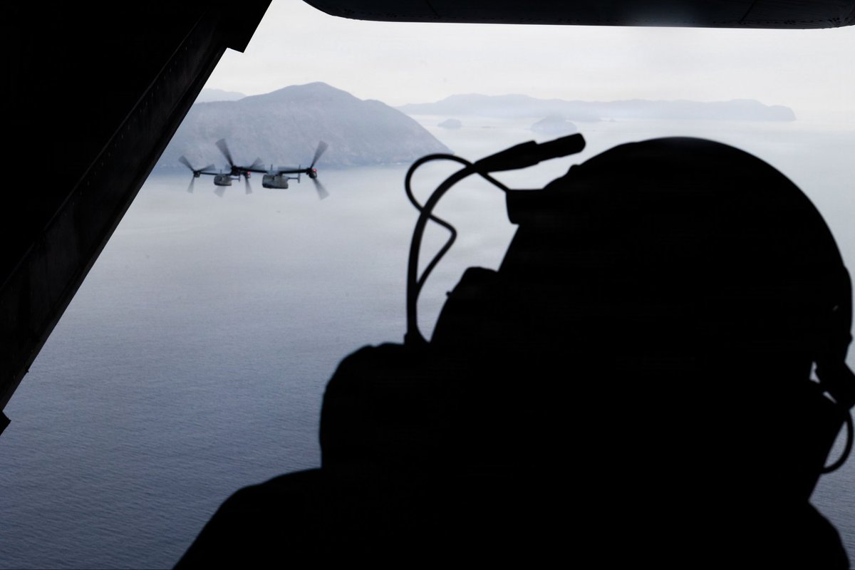 31stMeu's tweet photo. Iron Fist 26 🚁 🇺🇸 🚁 🇯🇵 

A U.S. Marine Corps MV-22B Osprey assigned to Marine Medium Tiltrotor Squadron (VMM) 265 (Rein.) and a Japan V-22 Osprey assigned to 108th Aviation, conduct a bilateral fly over.

📍 : Iwakuni, Japan
📸: Lance Cpl. Raul Sotovilla 
(Feb. 24, 2026) https://t.co/o6LQnlapgP