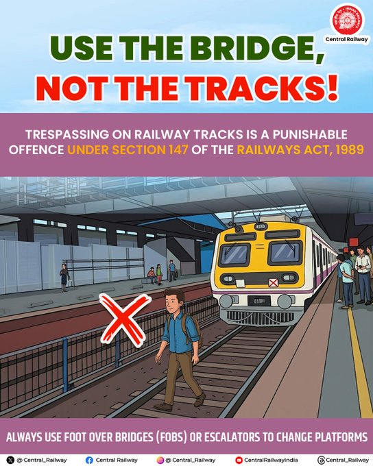 BhusavalDivn's tweet image. Use the bridge, not the tracks! 🚆⚠️

Crossing railway tracks is dangerous and a punishable offence under the Railways Act. Always use Foot Over Bridges (FOBs) or escalators to change platforms.

Choose safety. Travel responsibly.

#RailSafety #UseFOB #StaySafe #CentralRailway