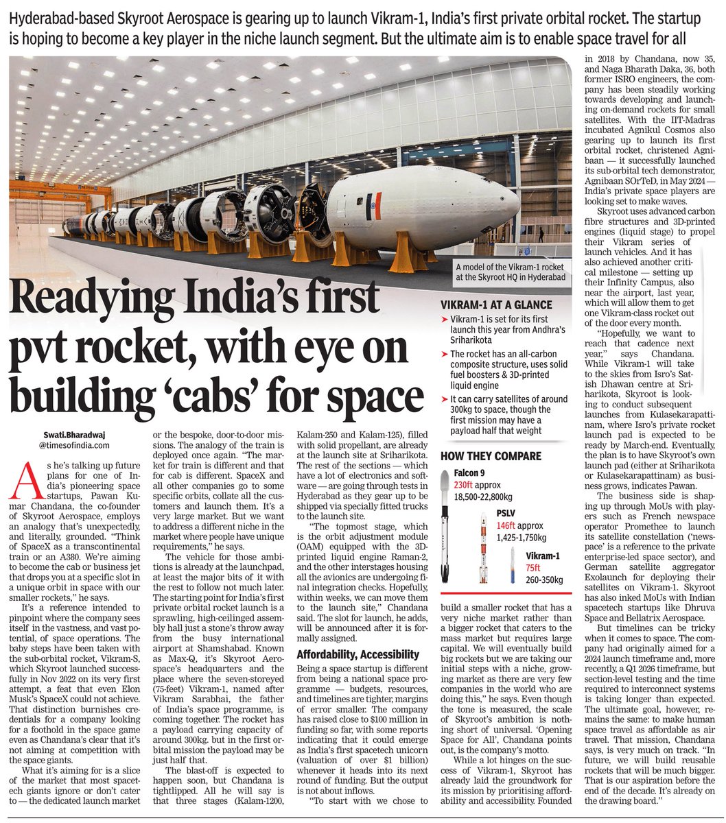 ankitnagar_'s tweet photo. Hyderabad-based Skyroot Aerospace is preparing to launch Vikram-1, India’s first privately built orbital rocket.

• All-carbon composite rocket structure
• 3D-printed liquid engine
• ~300 kg payload capacity to Low Earth Orbit
• Designed for the rapidly growing small-satellite launch market

Unlike heavy launch vehicles like Falcon 9 (18–22 tonnes) or PSLV (1.4–1.7 tonnes), Vikram-1 is built for quick, on-demand launches — essentially acting as a “space taxi” for small satellites.

If successful, it could mark India’s entry into the global commercial small-launch market.