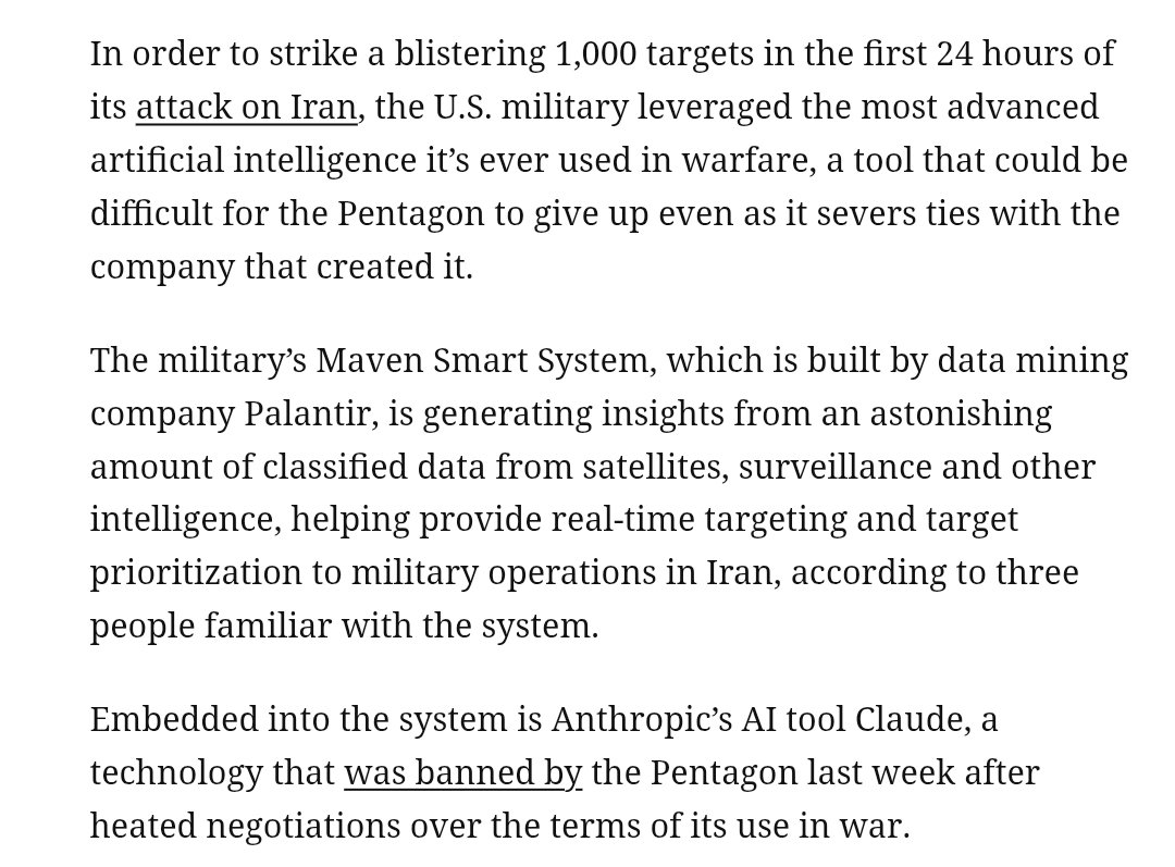 When AI fails in Animation: 
Haha oops, that was a retarded render, I'll leave it out of the final edit.

When AI fails in War:
Haha oops, I just blasted 160 schoolgirls into a thousand bloody bits.

Great job Alex Karp! <a href="/PalantirTech/">Palantir</a>