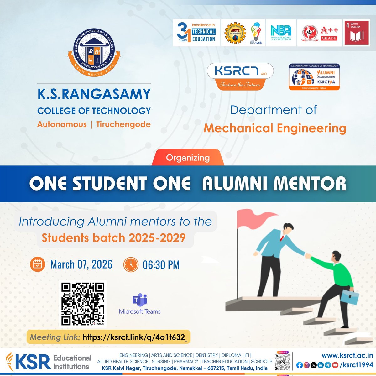 ksrct1994's tweet photo. The Department of Mechanical Engineering, K.S.Rangasamy College of Technology proudly presents the Alumni Mentorship Initiative for the Students Batch 2025–2029 on March 07, 2026, 06:30 PM.
#ksrct1994 #ksr #ksrei #MechanicalEngineeering #MentorshipMatters #AlumniSupport https://t.co/hdcBl4UyNQ