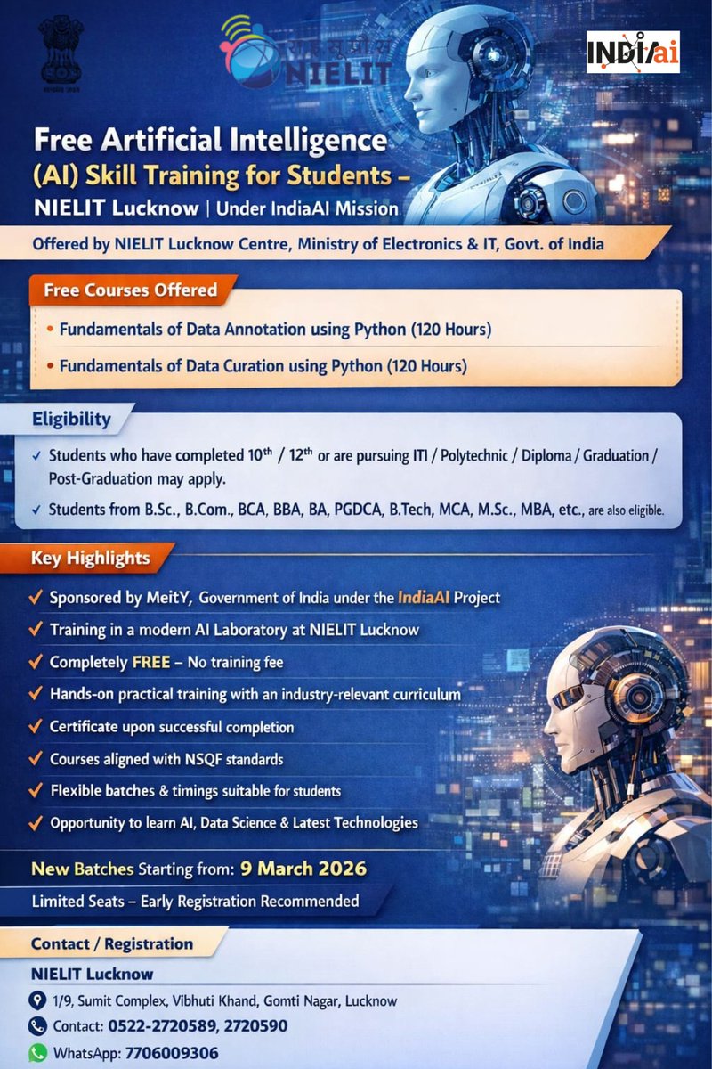 Free Artificial Intelligence (AI) Skill Training for Students – NIELIT Lucknow | Under IndiaAI Mission