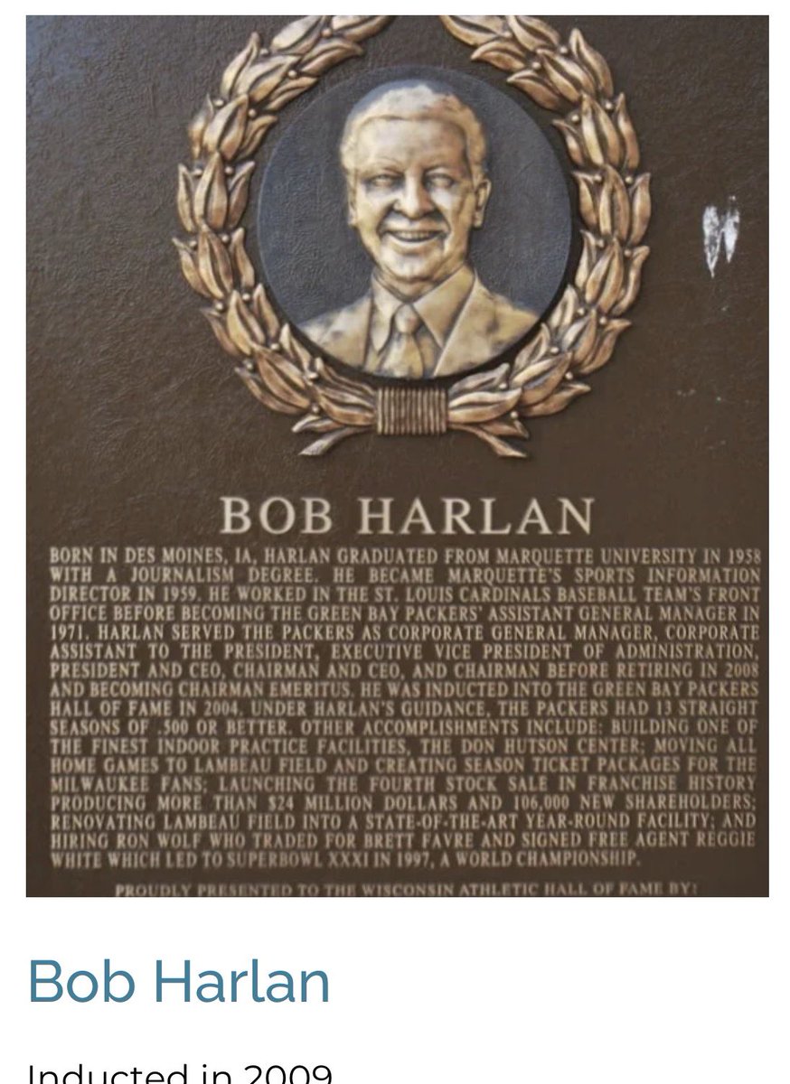 Had the honor of working on Bob Harlan’s Wisconsin Sports Hall of Fame induction and wrote his plaque. He always answered his phone, and sent kind thank you letters. 
Really enjoyed working with his son, Mike, too. Great man, and family. #GoPackGo 🙏
wtmj.com/news/2026/03/0…