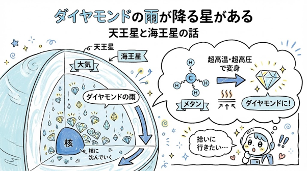 ALE_StarAle's tweet photo. 天王星と海王星では「ダイヤモンドの雨」が降っているという説があります。※
内部は数千度・数百万気圧という超高温・超高圧。 メタンに含まれる炭素がギュッと圧縮されてダイヤモンドになり、 重いのでゆっくり核に向かって沈んでいくんです。
実験でも再現されていて、かなり有力な説なんだとか。 拾いに行けないのが残念ですよね ⭐

※実際に観測されているわけではありません。