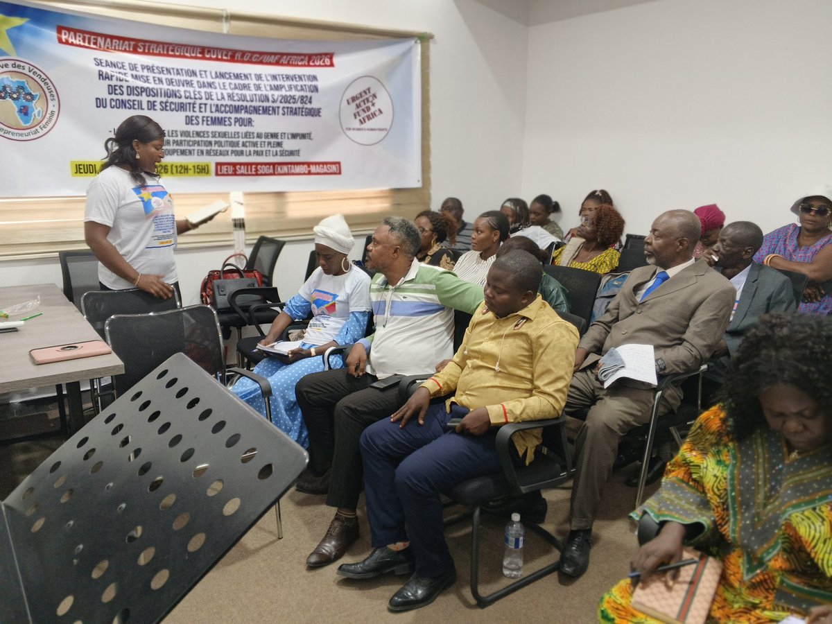CovefD's tweet photo. Jeudi, le 05 Mars 2026

Séance de présentation et de lancement de l'intervention rapide initiée par la COVEF/R.D.C et mise en oeuvre avec l'appui financier de l'Urgent Action Fund Africa pour l'amplification de la Résolution S/2025/824 et l'accompagnement stratégique des femme https://t.co/duWWdVqDO1