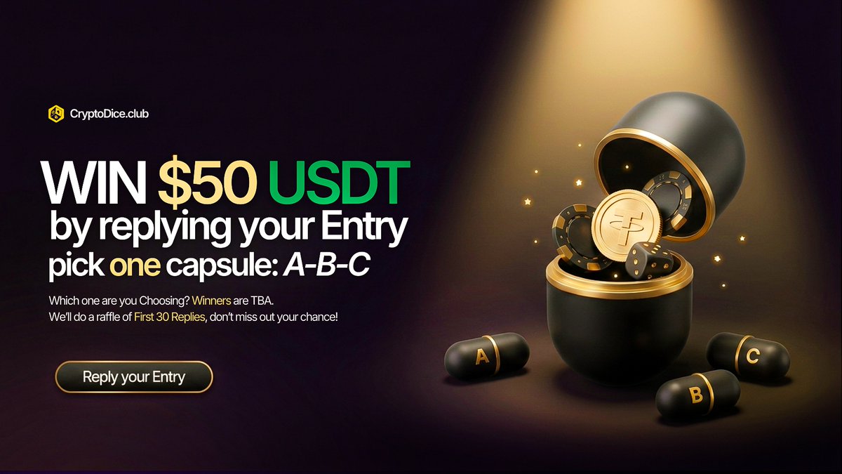 Pick a Capsule - A,B,C!💊
And Win a share of $50 USDT 🥳🎁

How to join?
- Like 💛 Follow👤 RT/QT 🔁 
- reply your entry (A,B,C 💊)
- Drop your BSC Wallet address 📥

Winners are TBA! Dont miss your chance on this one 😉

#Cryptodice #BNB #USDTgiveaway #giveaways