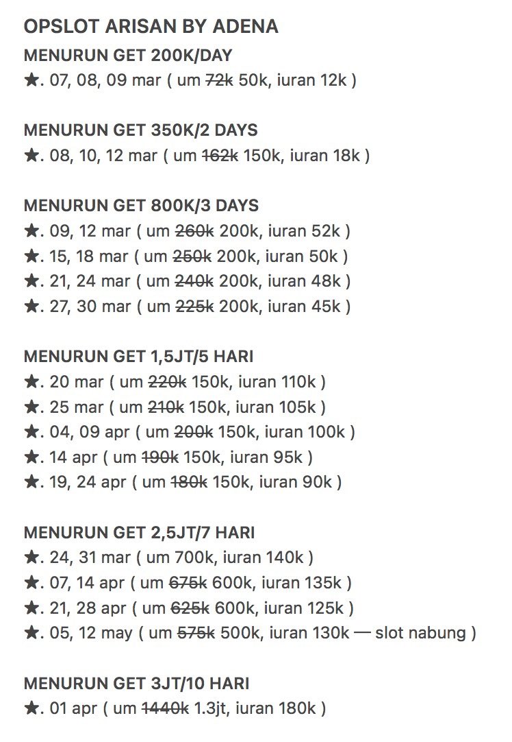 190573's tweet photo. haii! yang need arisan get bulan maret - mei bisa cek disini ya! get terdekat besok 200k tanggal 07 maret, um bisa full potget

mar : 200k, 250k, 350k, 800k, 1.5jt, 2.5jt
apr : 1.5jt, 2.5jt, 3jt
may : 2.5jt

yang mau liat slot bisa dm aku 🤍 #zonauang https://t.co/qNoZk3j4XF