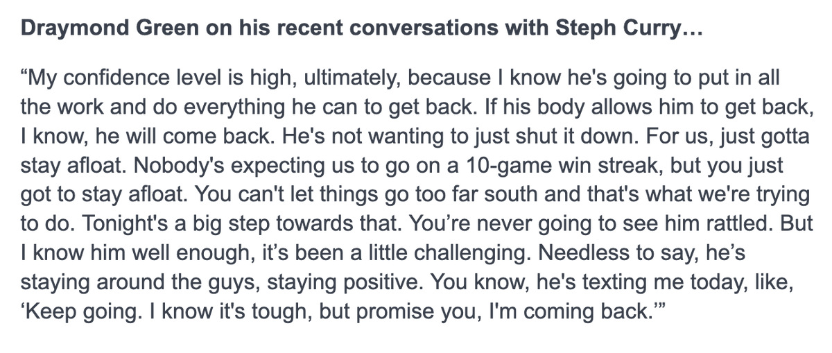 anthonyVslater's tweet photo. Steph Curry texted Draymond Green after the win in Houston: "A bunch of exclamation marks. Y'all did that."

Here is Draymond on his recent conversations with Curry, who he said texted him today: "Keep going. I know it's tough, but promise you, I'm coming back." https://t.co/FcofL23mjv