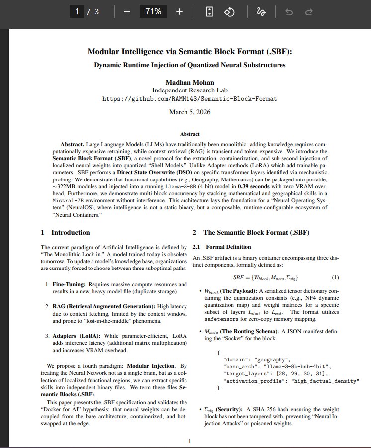 RAMM_143's tweet photo. I just hot-swapped a neural weight block into a live Llama-3 model in 0.39 seconds. ⚡️
No Retraining. No LoRA Adapters. No RAG.
Just raw, localized weight injection.
Introducing Semantic Block Format (.SBF): The "Docker" for AI knowledge. 🧵👇 https://t.co/FCHFjths2X