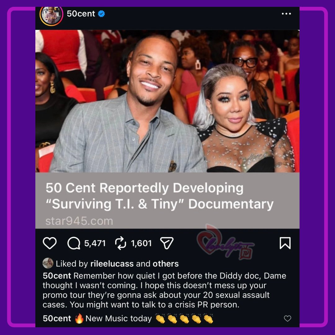 lovelyti's tweet image. 50 Cent has suggested that he’s working on another documentary series, and this time it will be focused on the sexual abuse allegations against T.I. and his wife, Tiny Harris.

Thoughts??? 

#50cent #TI #Tiny #Lovelytitv