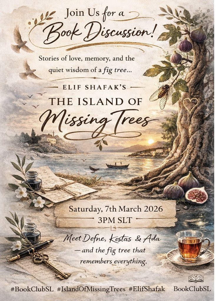 BookClubSL's tweet photo. Join us tomorrow to discuss about Cyprus and Defne and Kostas and the Fig Tree that witnessed it all 
DM to join in 
#BookclubSL 
#Theislandofmissingtrees https://t.co/gVFqYdVVjU