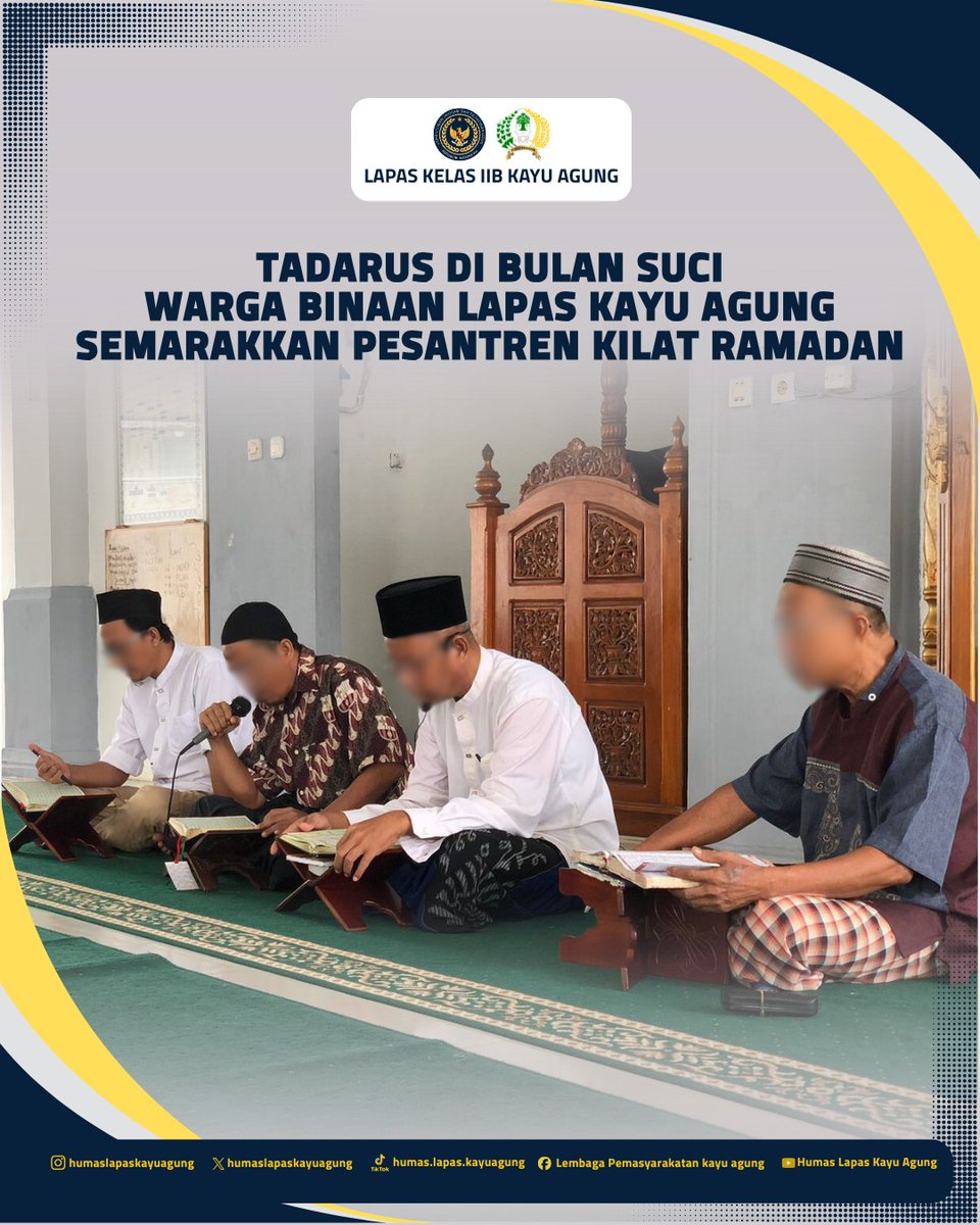 lapaskayuagung's tweet photo. Tadarus di Bulan Suci, Warga binaan Lapas Kayu Agung mengikuti kegiatan Pondok Pesantren Kilat di Masjid Lapas, Jumat (6/3). Kegiatan diisi tadarus Al-Qur’an, pembelajaran tajwid, dan pembinaan rohani untuk memperkuat iman serta membangun pribadi yang lebih baik di bulan Ramadan. https://t.co/A8z2d6mG7r