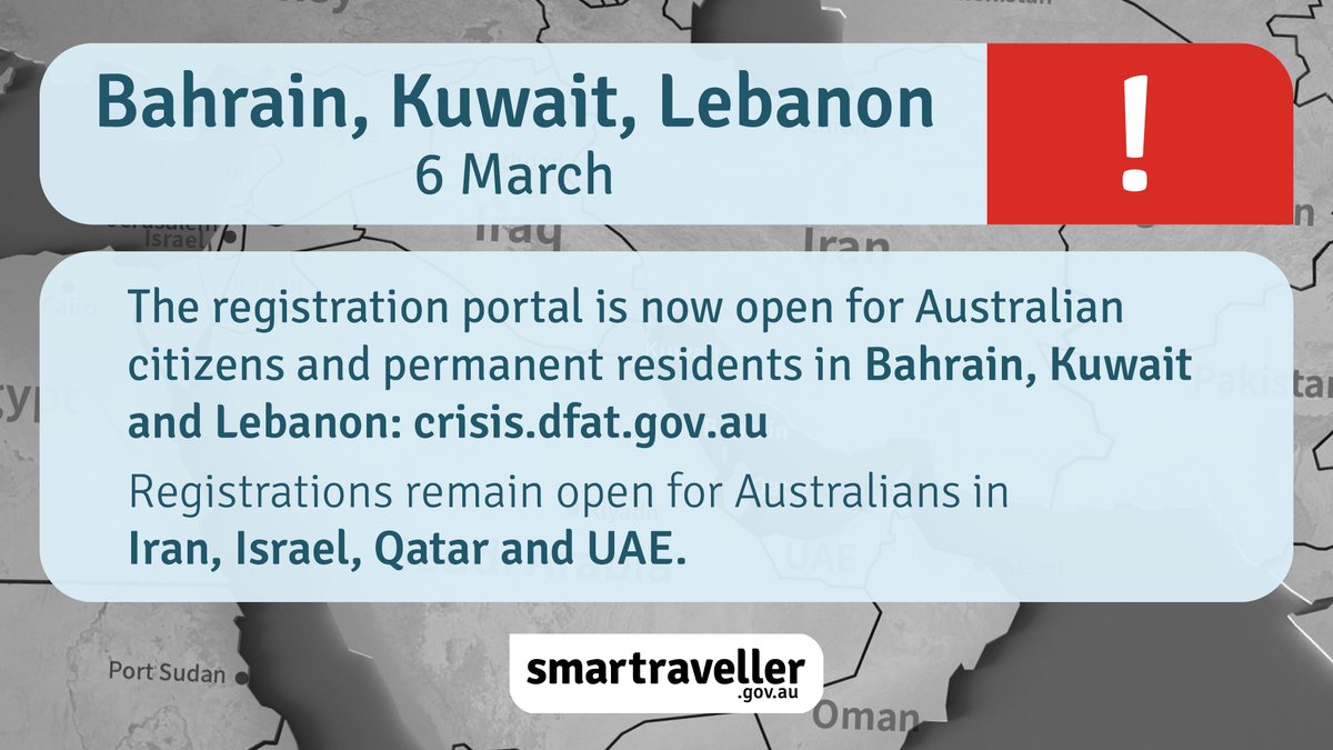 Smartraveller's tweet photo. We’ve opened the DFAT registration portal for Bahrain, Kuwait and Lebanon. Australian citizens, permanent residents and their immediate family members in Lebanon can now register to receive direct updates from DFAT. (1/3) https://t.co/5M3Hnn7dEH