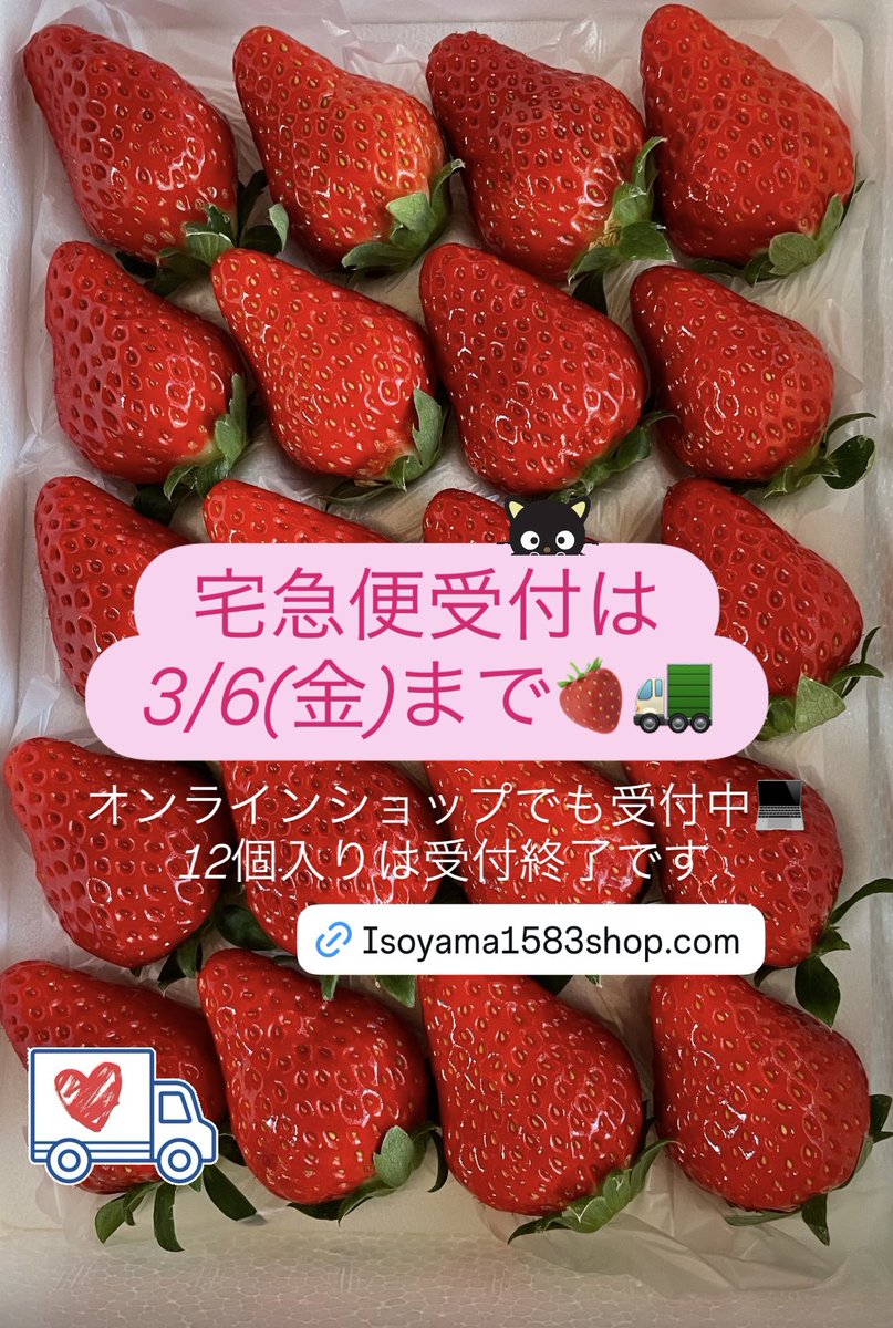 急なお知らせで申し訳ございません。 生のいちごの宅急便受付は3/6