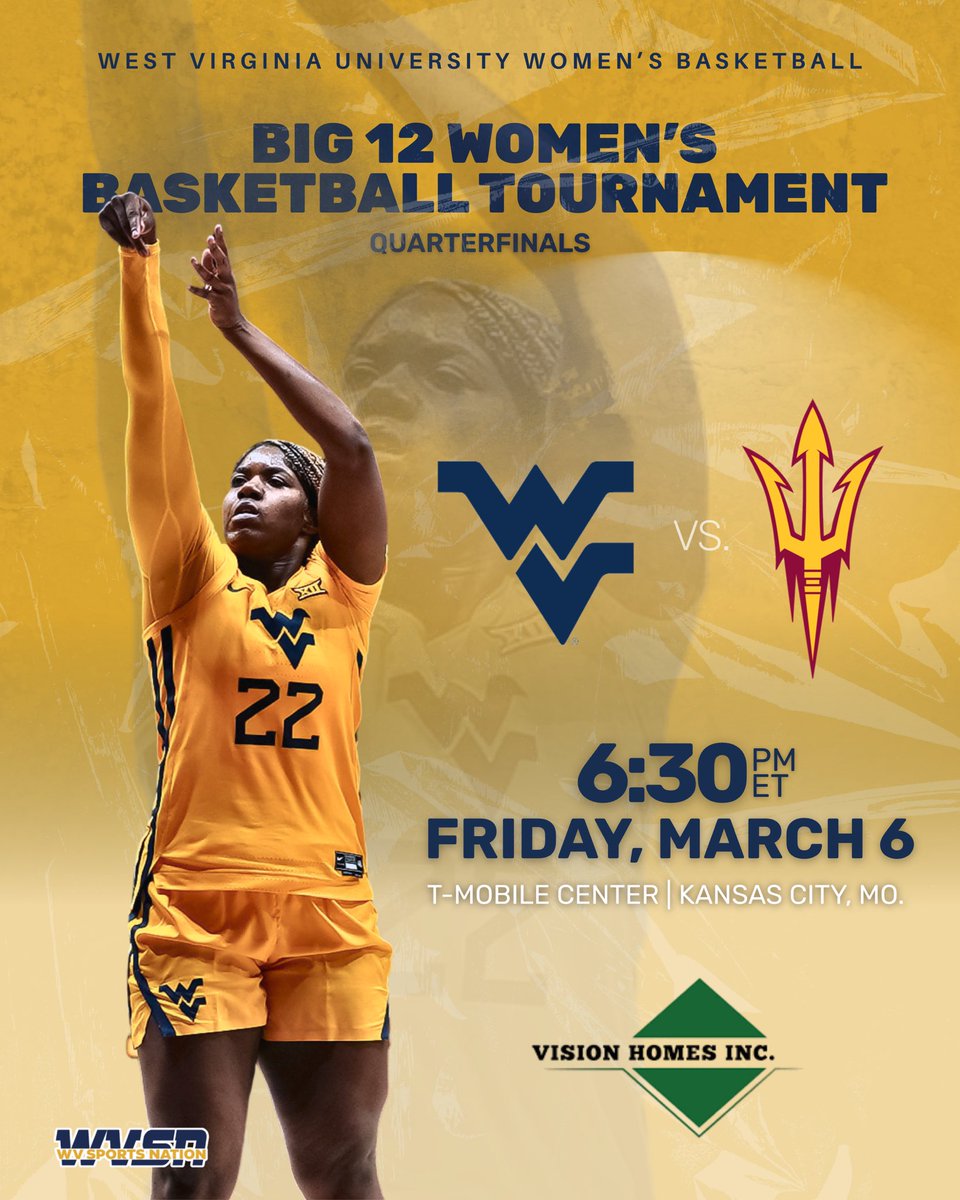 It’s official. The quarterfinals are set. ⏳
No. 15 West Virginia (2 seed) vs. Arizona State
🗓 Friday
⏰ 6:30 p.m. ET
Big 12 Tournament Quarterfinals.
#WVU #HailWV
