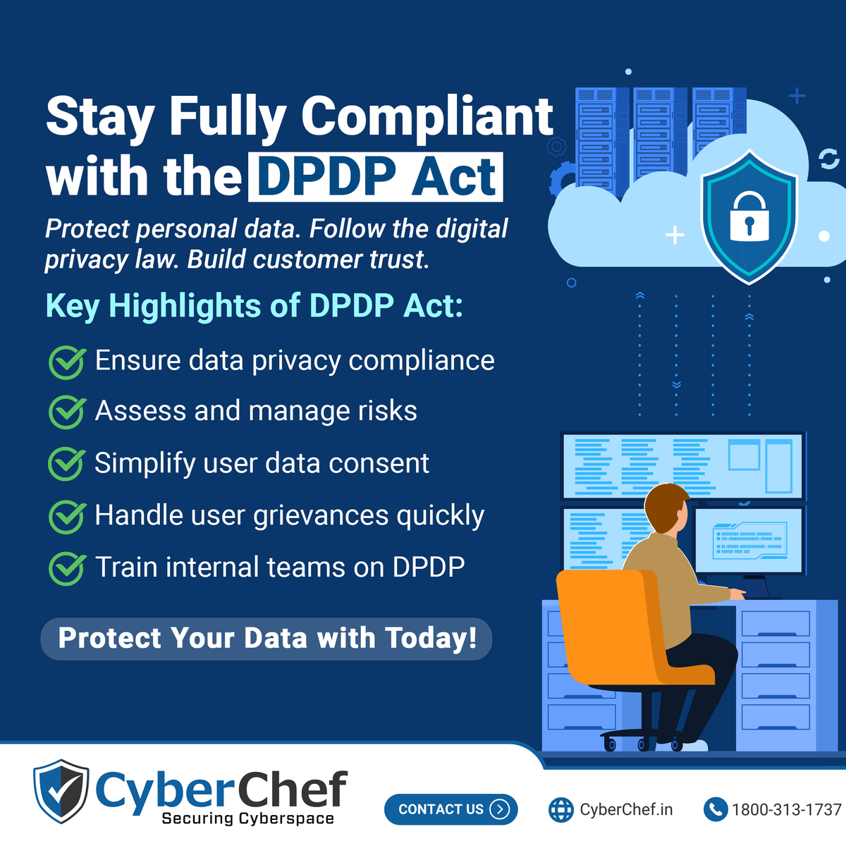 asktechchef's tweet photo. From data privacy management to risk assessment and grievance handling, CyberChef helps organizations stay secure and compliant.

🔐 Connect with us today to protect your data and ensure DPDP compliance.

📞 Call: 1800-313-1737
🌐 Visit: https://t.co/TxH6jiqS10

#DPDPAct https://t.co/QcMg2ublVw