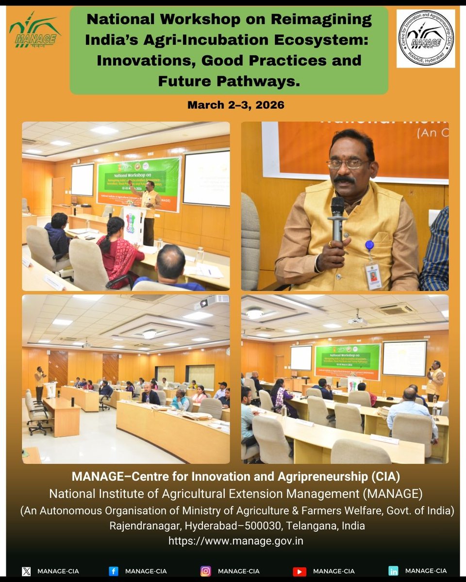 CiaManage's tweet image. Dr. E. Somasundaram, Director – ABD, TNAU, shared how TNAU’s Agri Incubation Society supports agripreneurs through IPR, branding, and incubation—promoting innovations like mushroom production, IoT-based solutions, and value-added products.

#MANAGECIA #NationalWorkshop #TNAU