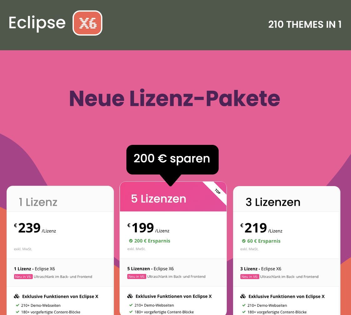 contaothemes's tweet image. Neue Lizenz-Pakete für Agenturen.

Skalierbar planen statt einzeln kalkulieren.
3 oder 5 Lizenzen mit Preisvorteil.

Bis zu 200 € Ersparnis pro Paket.

Testzugang:
premium-contao-themes.com/testzugang-anf…

#contao_themes #contao #contaotheme #contaothemes #contao_themes